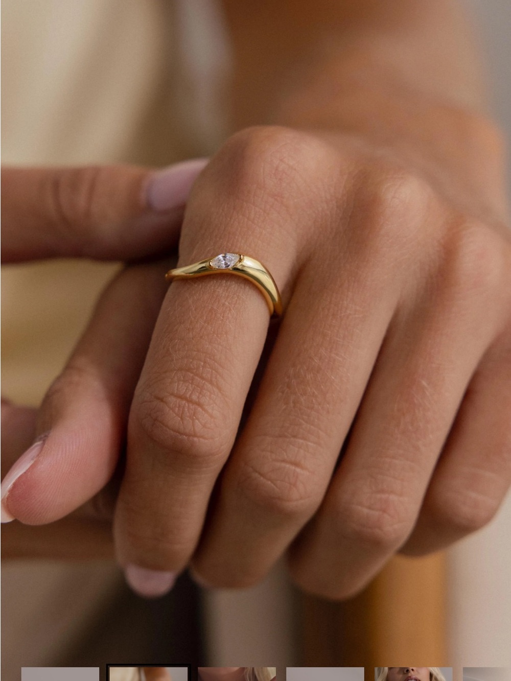 Gold Curved Wave Ring with Marquise Cubic Zirconia 8
